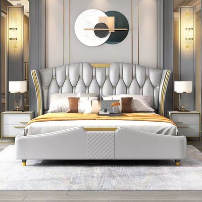 Cama de couro personalizada da madeira maciça do rei Size Bedroom Furniture