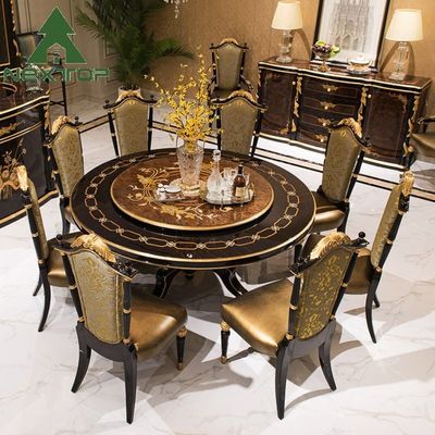 Set de sala de jantar de luxo de madeira clássica antiga mesa redonda de jantar com plataforma giratória