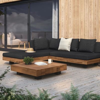 Sofá exterior de tecido seccional de forma L cama com quadro de madeira para pátio do telhado